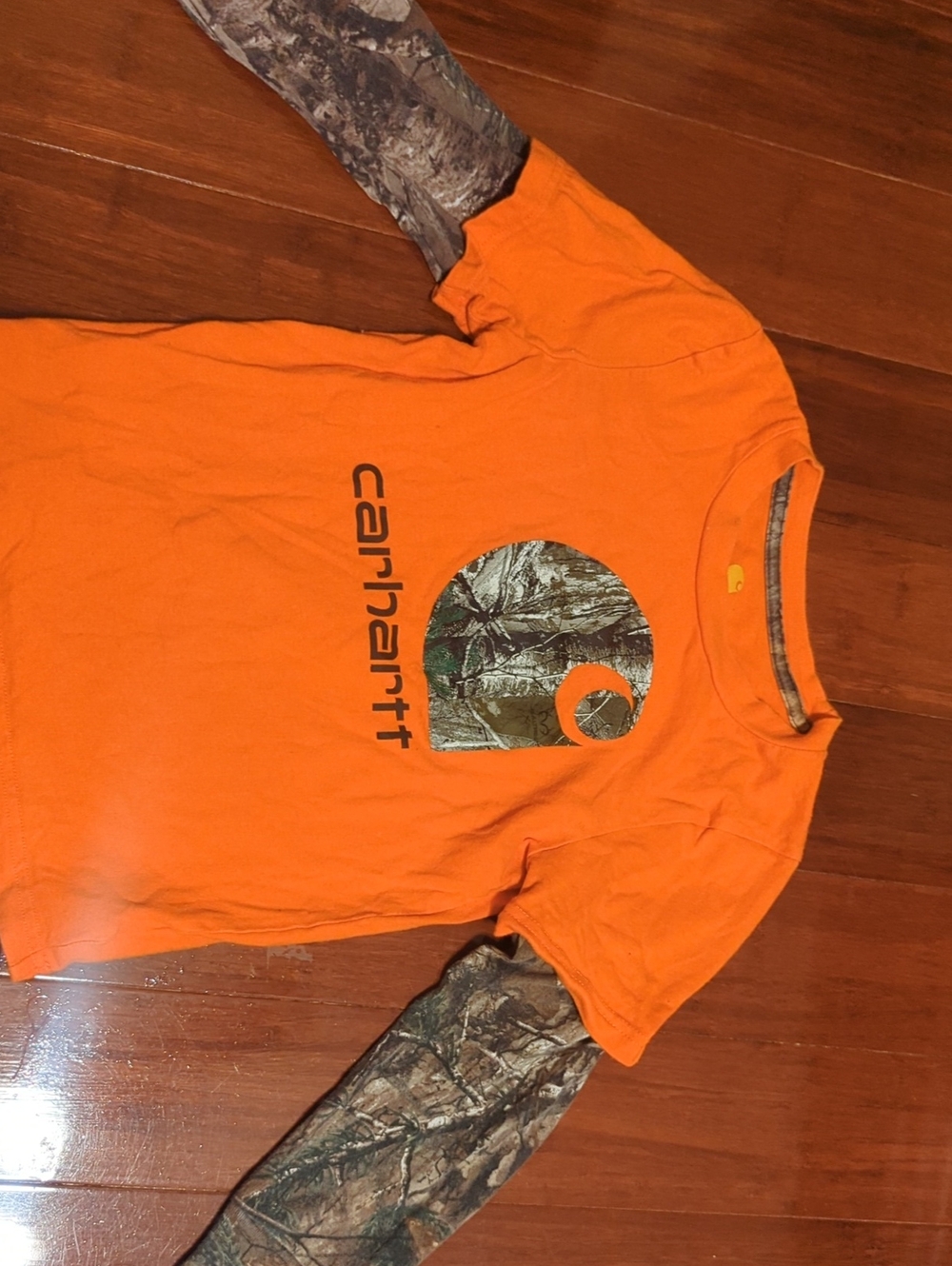 Carhartt Orange Tee with Camo Print Layered Sleeves